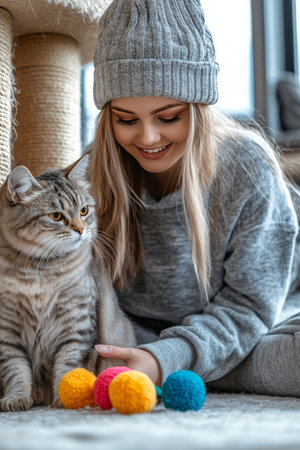 Young Woman Enjoys Playtime With Her Cat, Creating Joyful Moments In A Cozy Home Setting.の素材