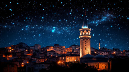 Galata Tower Rises Above Old City Under Glowing Milky Starry Night Sky, Istanbul, Turkeyの素材