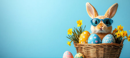 Funny Easter Bunny Wearing Sunglasses in Basket with Colorful Eggs and Flowers , Easter Postcardの素材
