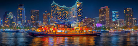 Hamburg Skyline with Illuminated Elbphilharmonie Concert Hall and Tour Boats at Night, Germanyの素材