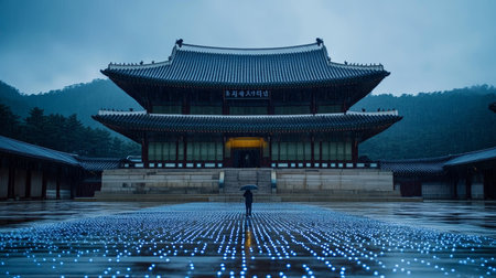 Traditional Korean Palace Illuminated by Blue Lights on a Rainy Evening, Architecture and Travelの素材