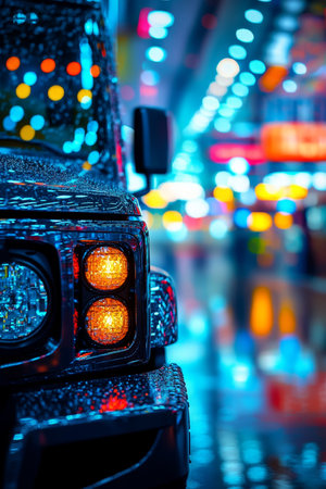Rugged Truck, Shiny Grille Reflecting Vibrant City Lights, Bokeh Background, Space for Textの素材