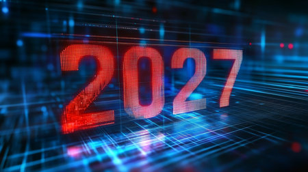 Futuristic New Year 2027 on Abstract Technology Background. Digital Innovation Conceptの素材