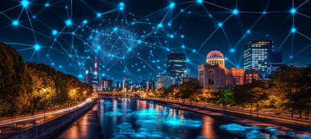 Hiroshima Skyline, Genbaku Dome, and a Futuristic Network A Symbol of Peace and Technologyの素材