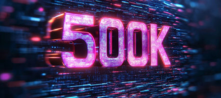 Glowing 3D Number 500k on a Futuristic Digital Abstract Background Representing Online Successの素材
