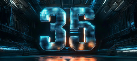 Glowing Digital Large Shiny Blue And Orange Number 35 On A Futuristic Technological Backgroundの素材