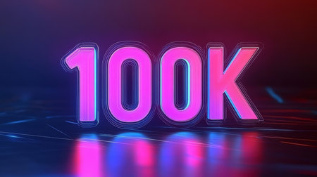 Glowing Neon 100K Follower Celebration Symbol, on a Futuristic Abstract Digital Background.の素材