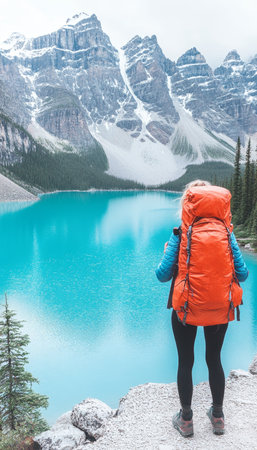 Female Hiker Taking in the View of Turquoise Lake and Majestic Mountain Peaks in National Parkの素材