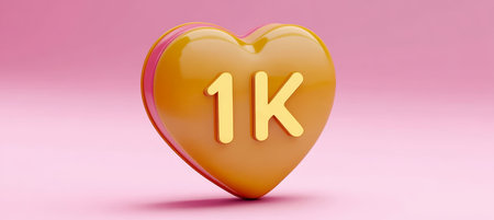 3D Render of a Vibrant Orange Cream Heart with 1K Golden Text on a Delicate Pastel Pink Backgroundの素材