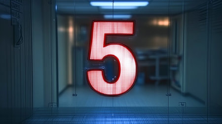 Bright Red Digital Number 5 Displayed in Modern Futuristic Interior, Technology Backgroundの素材