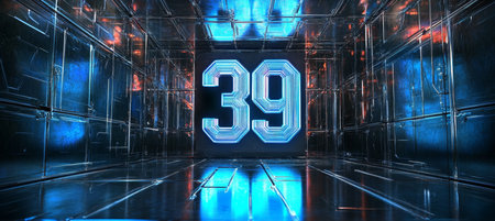 Number 39 in Futuristic Technology Tunnel. Cyberpunk Style. Numbers in Neon Light. 3D Rendering.の素材