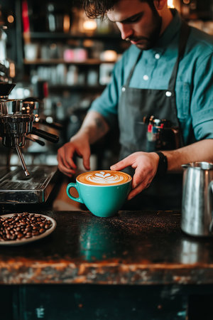 Skilled Barista Crafting a Vibrant Cup of Coffee with Latte Art in a Cozy Cafe Atmosphereの素材