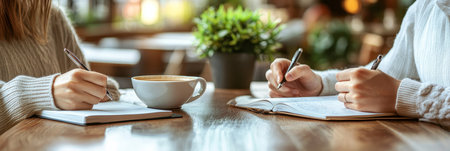 Couple Journaling and Enjoying Coffee, Sharing Thoughts and Ideas in Cozy Cafe Settingの素材