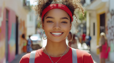 Portrait of a Beautiful Young Woman with Curly Hair Smiling in a Vibrant City Street, Summer Fashionの素材