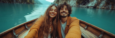 Adventurous Couple Takes A Selfie While Boating On Turquoise Lake Surrounded By Lush Mountainsの素材