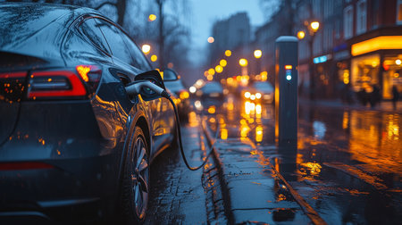 Electric Vehicle Charging on a Rainy City Street at Night, Embracing Sustainable Transportation.の素材