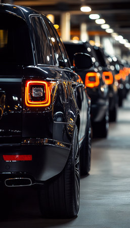 Luxury SUV Tail Lights. A row of new luxury cars parked in a modern dealership, selective focus.の素材