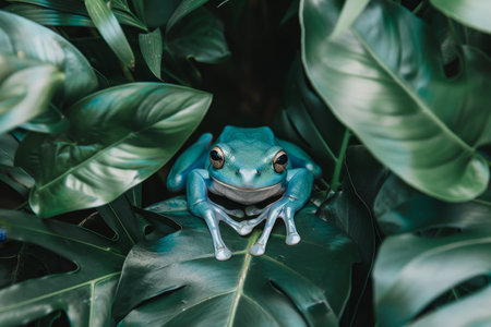 Curious Blue Frog Relaxing. Tropical Wild Nature Exotic Rainforest Vibrant Green Foliage Backgroundの素材