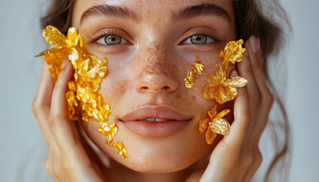Young Woman with Golden Flowers on Her Face. Skincare, Beauty, and Wellness Concept.の素材