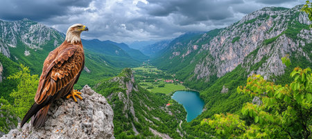 Majestic Golden Eagle Perched on a Rocky Outcrop Overlooking a Lush Valley and Serene Lakeの素材