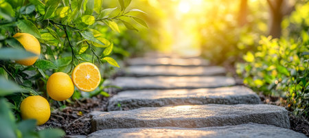 Sun-Drenched Stone Path Winds Through a Lush Orange Grove, Laden with Ripe Golden Fruitの素材