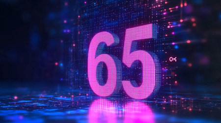 Glowing Digital Number 65 On Futuristic Technological Background, Abstract 3D Illustration.の素材