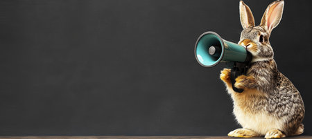 Adorable Grey Bunny Rabbit Holds a Megaphone, Making an Announcement on a Blackboard Backgroundの素材