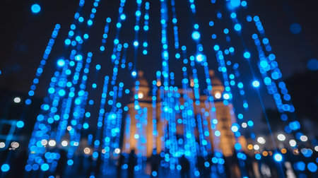 Glowing Blue Bokeh Lights with a Blurred Building in the Background, Festive Celebrationの素材