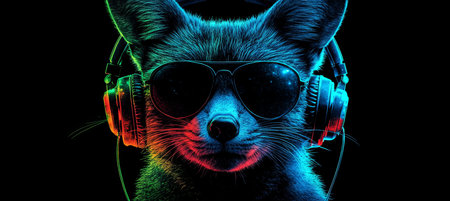 Cool Neon Party DJ Fox with Headphones and Sunglasses on Black Background, Music Loverの素材
