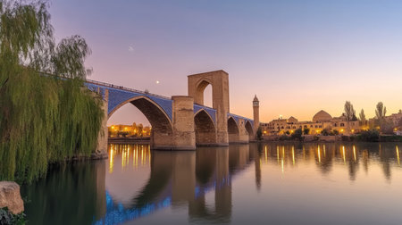 Siosepol Bridge illuminated at sunset, sky reflecting in the Zayanderud River, Isfahan, Iranの素材