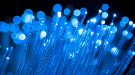 Abstract Background, Blue glowing Fiber Optic Cables, Technology, Communication, Dataの素材