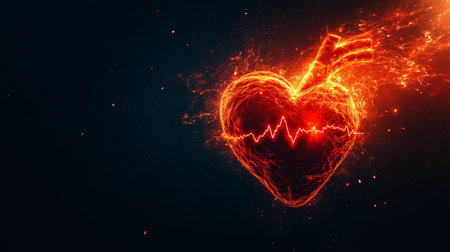 Glowing Red Human Heart, Electrocardiogram Wave, Arrow, Dark Background, Vector Illustrationの素材