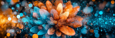 Abstract Orange And Teal Energy Burst With Bokeh Circles And Sparkling Particles On Black Backgroundの素材