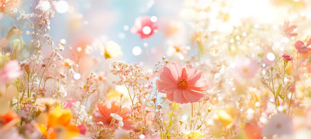 Sun-Kissed Wildflowers A Field of Pastel Blooms with Dreamy Bokeh, Cinematic Lightingの素材