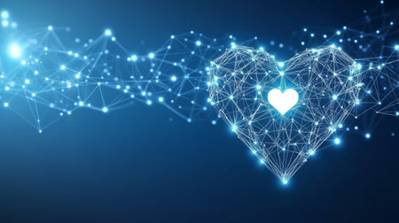 Digital Heart of Interconnected Dots and Lines on Blue Gradient, Valentine Love Conceptの素材