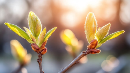 New Life, Spring Awakening Close-up of Fresh Green Leaves Unfurling in Warm Sunlightの素材