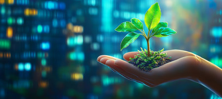 Sprout Of Hope Hand Holds Young Plant Against City Skyline, Symbolizing Growth And Sustainabilityの素材