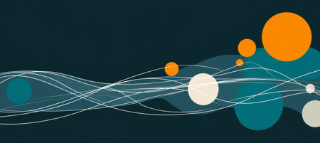 Abstract Design with Teal, Blue, and Orange Spheres and Flowing Lines on Dark Backgroundの素材