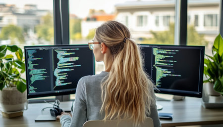 Female Software Developer Focused on Coding, Working on a Project in a Modern Office Space.の素材