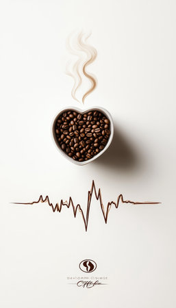 Coffee Love Heart of Roasted Coffee Beans Forms Steaming Cup, Pulse Line Symbolizing Energy Boostの素材