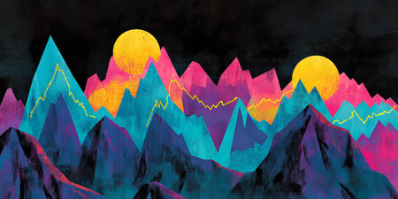Neon Mountain Range, Abstract Vector Graphic with Stylized Financial Chart and Overlaid Line Graphsの素材