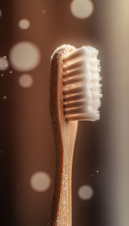 Bamboo Toothbrush Close-up on a Brown Background Sustainable Oral Hygiene Essentials.の素材