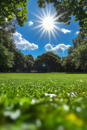 Sun-Drenched Serenity A Lush Green Meadow Bathed in Warm Sunlight Beneath a Clear Blue Skyの素材