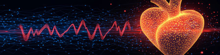 Abstract Human Heart with Glowing Network, Pulsating Red Glow, ECG Waveform, Dark Backgroundの素材