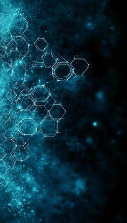 Abstract Blue Futuristic Background, Interconnected Hexagons, Network Lines, Light Particlesの素材