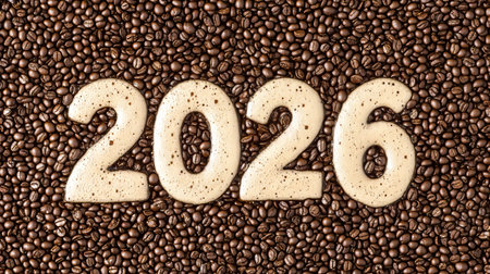 2026 Year Written With Coffee Beans On Coffee Beans Background, Happy New Year Concept.の素材