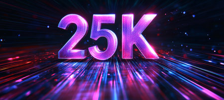 Glowing Digital Single Big 3D Number 25K in Futuristic Style on Digital Abstract Backgroundの素材