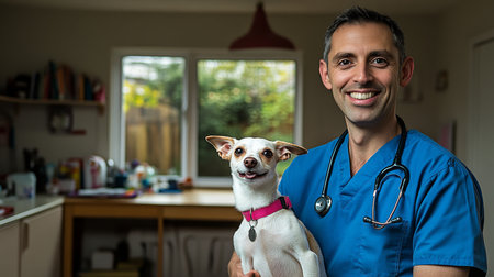Smiling Veterinarian Holds Happy Small White and Brown Dog in Veterinary Clinic, Vibrant. Photo,の素材