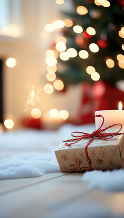 Gift on Fluffy Rug. Cozy Christmas Interior with Decor, Lights, Candles, and Blurred Backgroundの素材