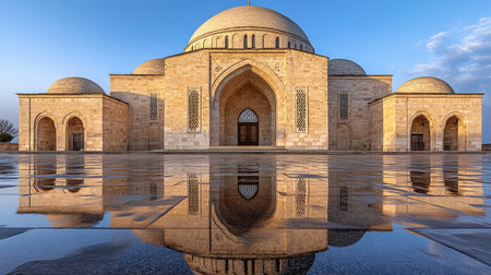 Majestic Islamic Mosque Architecture Symmetrical View with Reflection in Water After Rainの素材